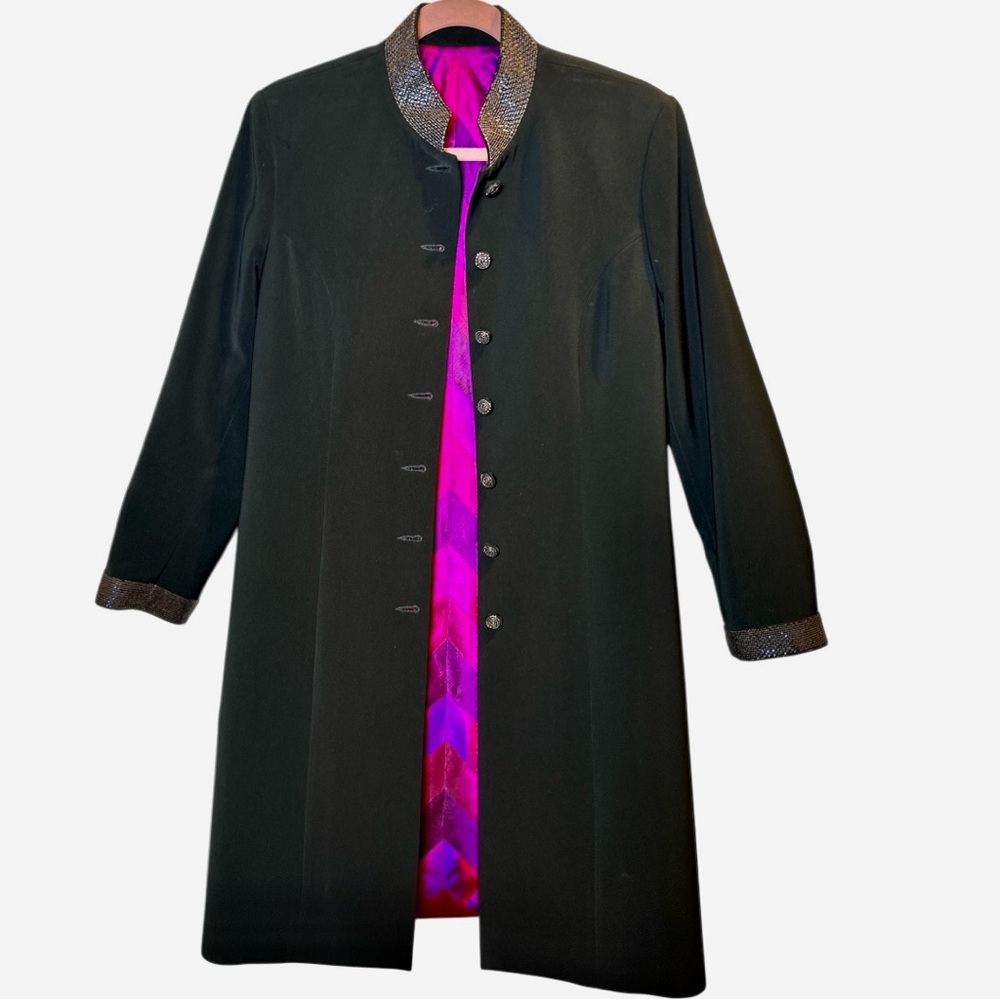 ROHIT BAL Elegant Black Coat with Beaded Accents and Pink Lining - Picture 4 of 14